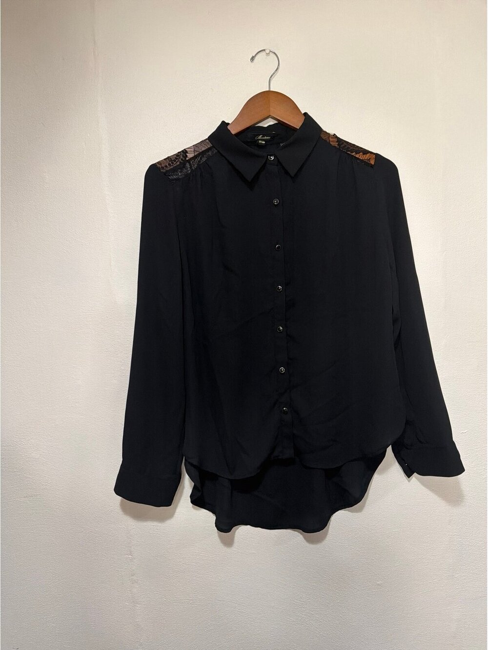 Women's L Black Button Down Shirt with Lace Detail